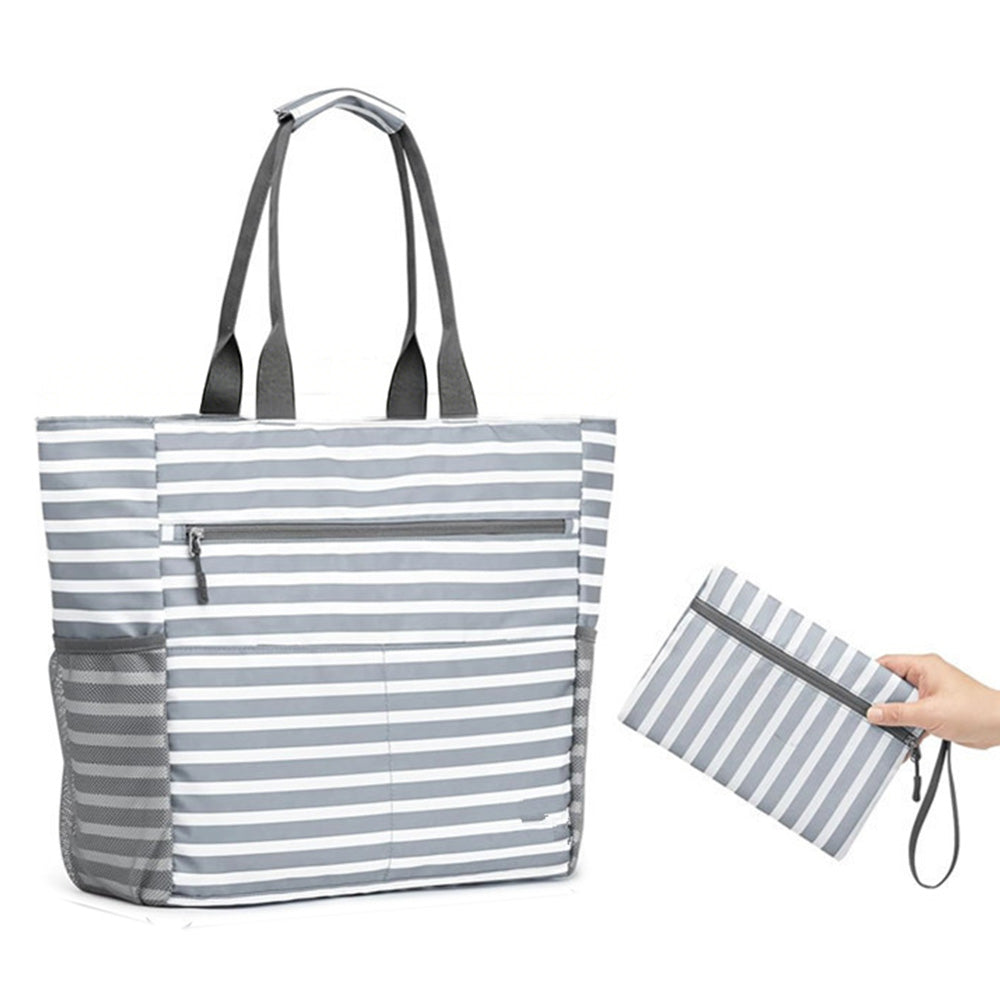 Beach Bag Large Foldable Sandproof Totes Bag With Zipper Beach Shoulder Bag-Grey