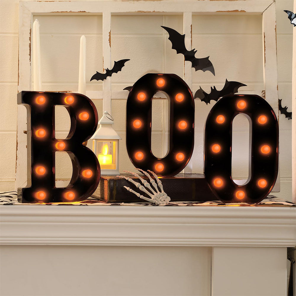 3 Piece BOO Orange Light Up Halloween Decorative Sign for Parties