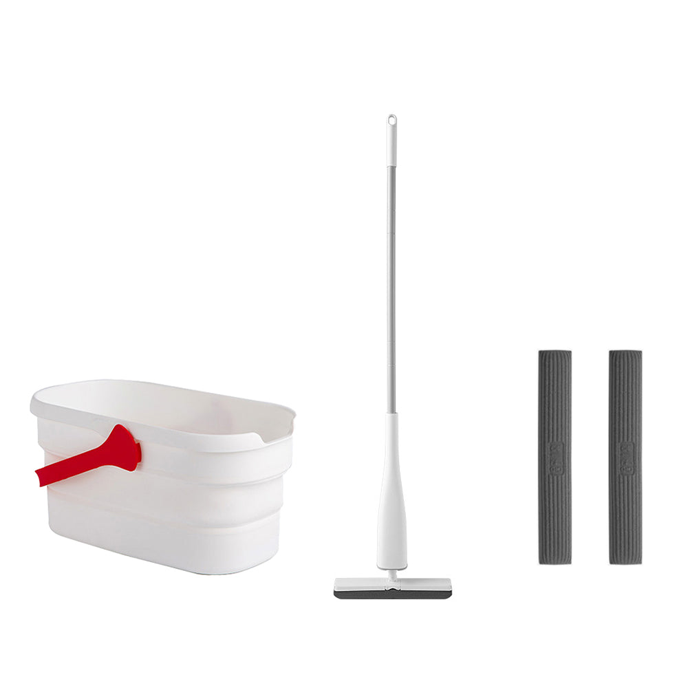 Self-Wringing Mop Set Self-Squeeze Mop and Collapsible Bucket with 2 Replaceable Sponge Mop Heads for Floor Cleaning