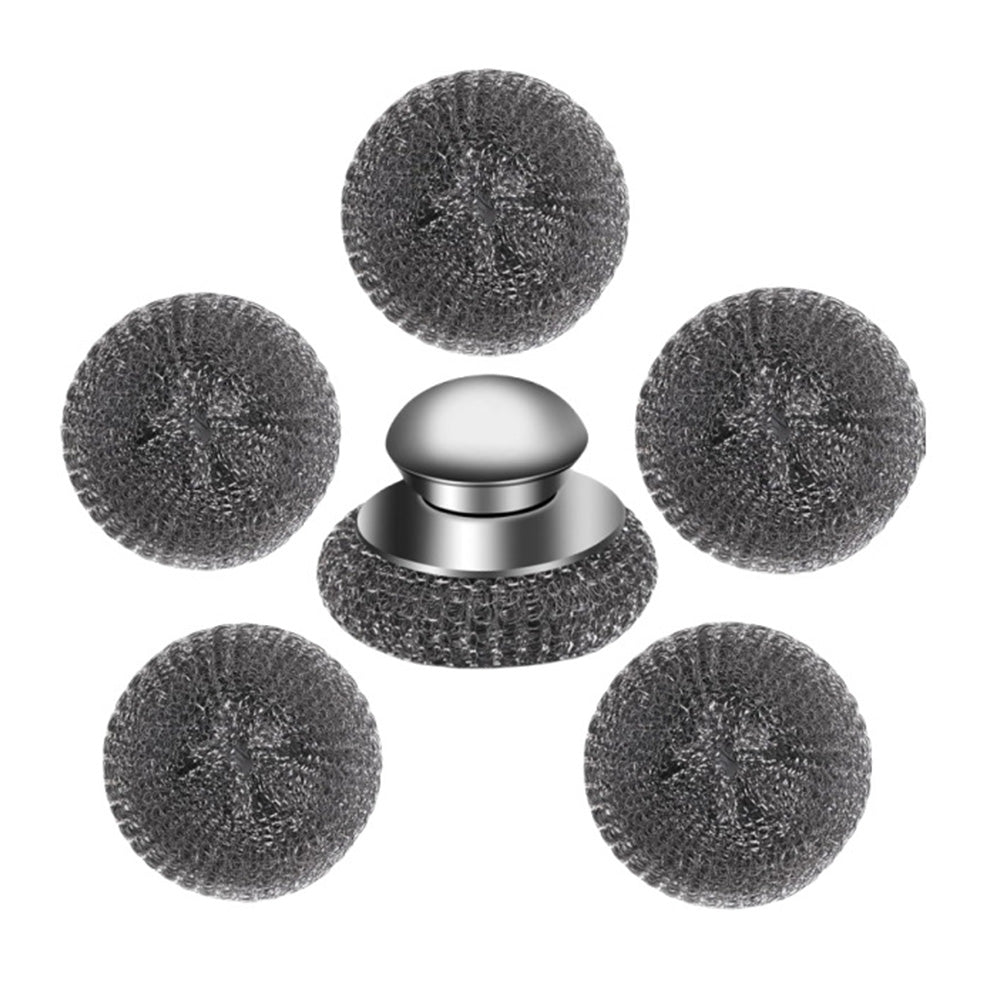 Scourer with Handle Stainless Steel Kitchen Scrubber Metal Scourers with 5 Replacement Heads