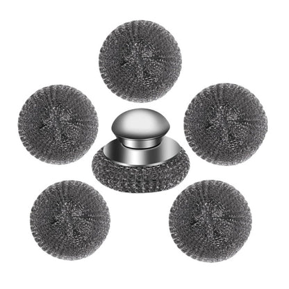 Scourer with Handle Stainless Steel Kitchen Scrubber Metal Scourers with 5 Replacement Heads