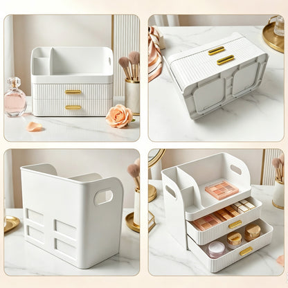 Makeup Organiser with 2 Drawers Cosmetic Storage Box Multi-Section Makeup Skincare Storage Box White