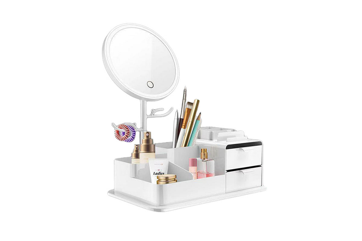 Portable Makeup Storage Box With LED Light Up Mirror Storage Makeup Brushes-White