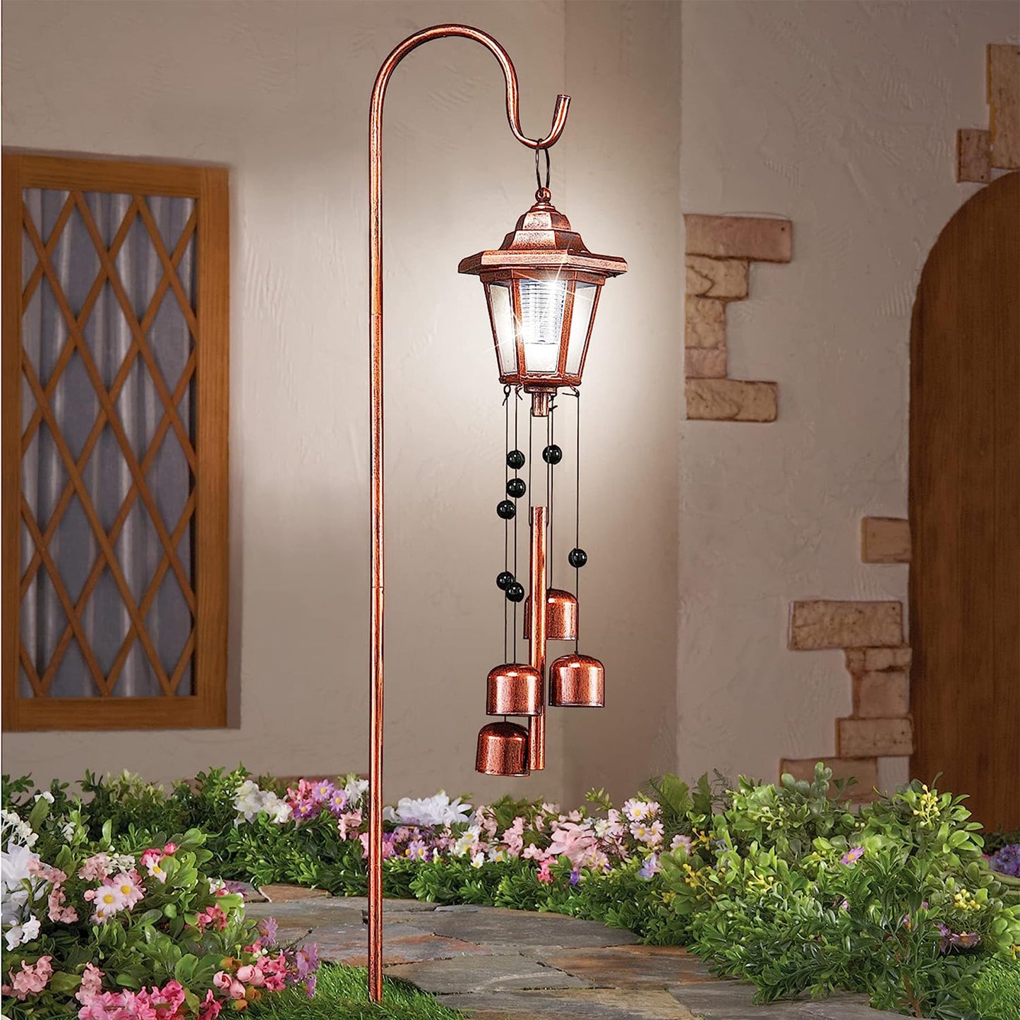 Solar Power Copper-Colored Lantern on Shepherd's Hook with Bells Wind Chime