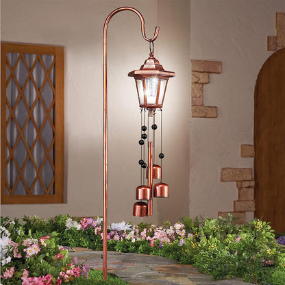 Solar Power Copper-Colored Lantern on Shepherd's Hook with Bells Wind Chime