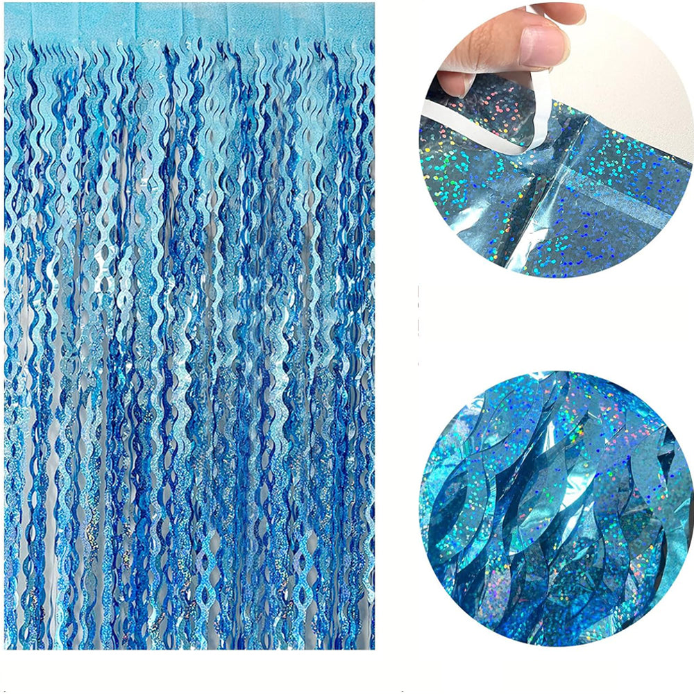2 Piece Fringe Curtains Shiny PET Streamer Party Backdrop - Blue