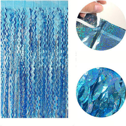 2 Piece Fringe Curtains Shiny PET Streamer Party Backdrop - Blue