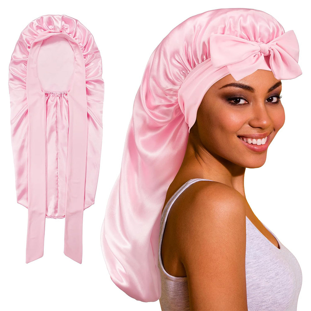 Double-Side Long Hair Bonnet for Sleeping Women Sleeping Cap with Tie Band Pink