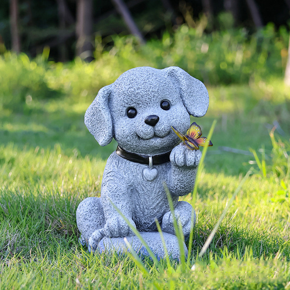 Solar Dog Outdoor Statues for Garden Outside Decor with Butterfly for Yard Art Lawn Ornaments