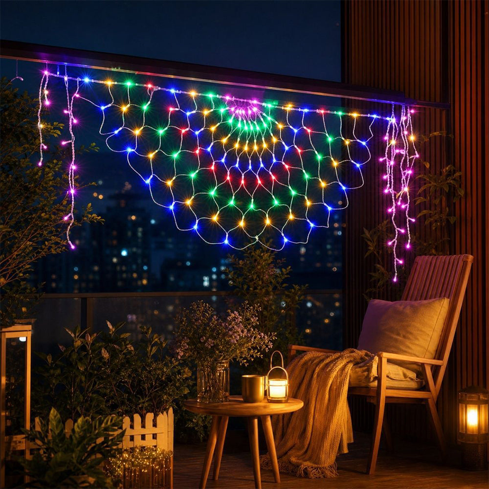 3 Panel Waterfall Curtain Lights Solar Peacock Net String Lights - Multicolor