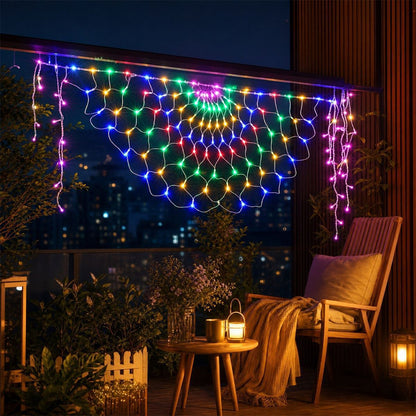 3 Panel Waterfall Curtain Lights Solar Peacock Net String Lights - Multicolor