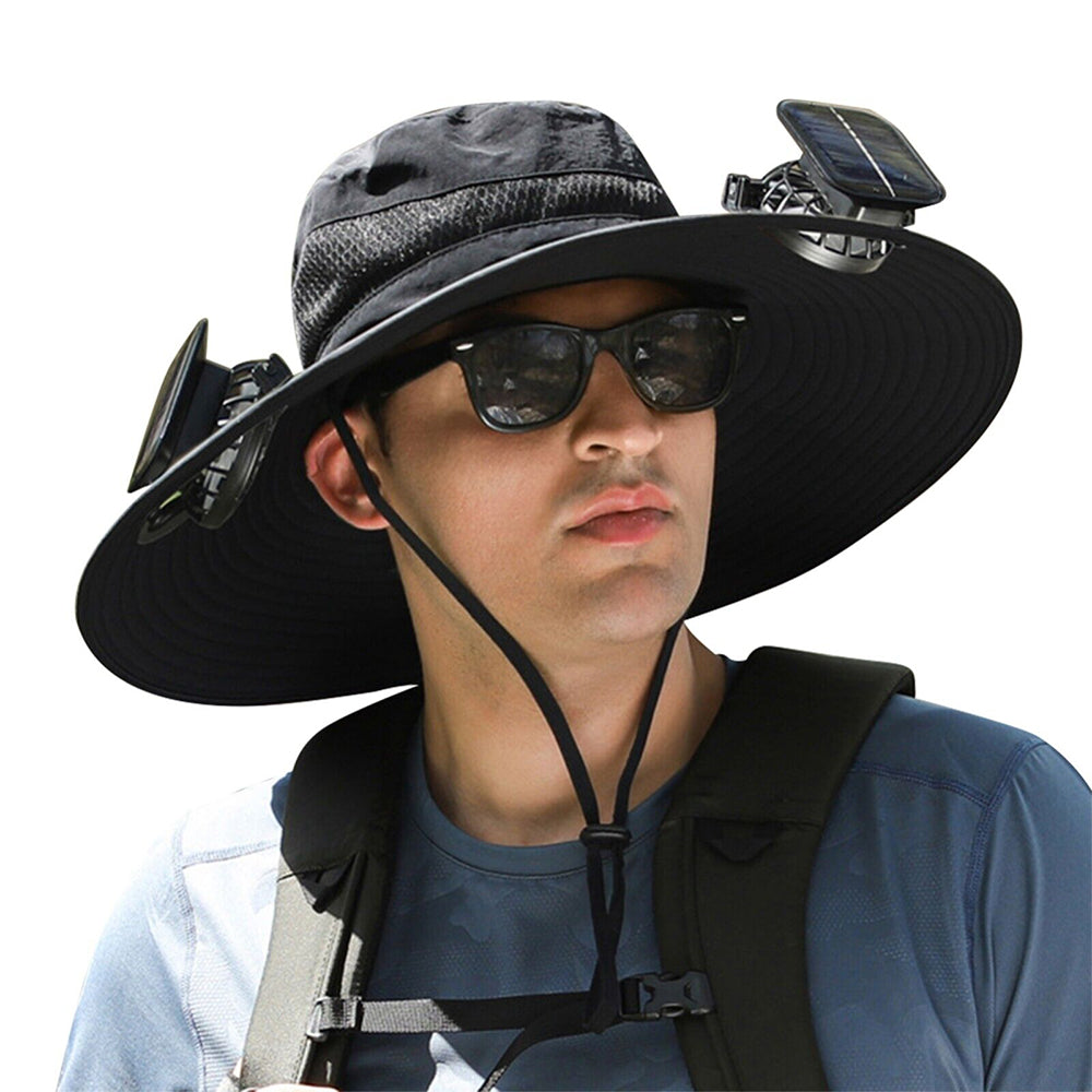 Wide Brim Sun Hat with 2 Solar Fan Sun Bucket Hat for Fishing Camping Hiking  Black