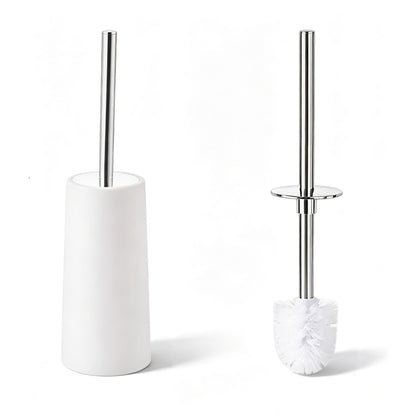 2 Pack Toilet Brush Set with Stainless Steel Handle and Holder - White