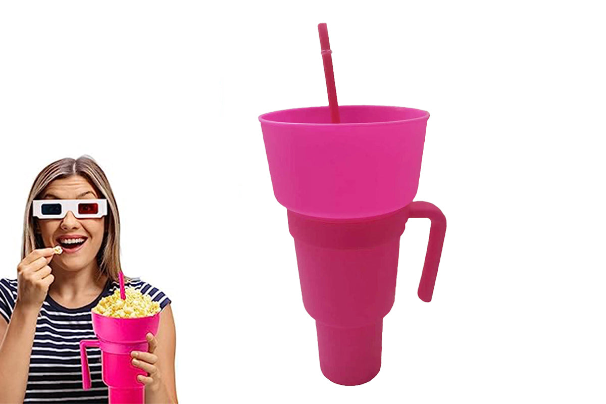 Reusable Tumbler Popcorn Cup Beverage Snack Multifunctional Split Cup With Straw-Pink