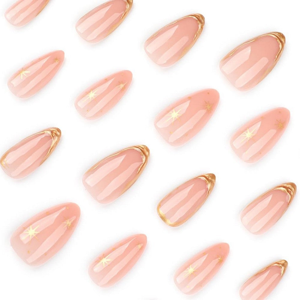 Press on Nails Almond Fake Nails with Gold Hexagram Full Cover Stick on Nails