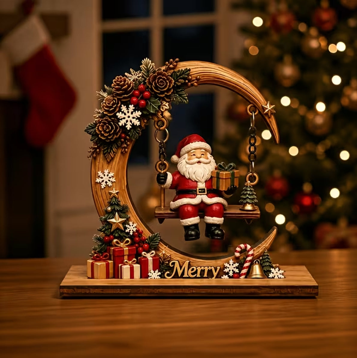 Engineered Wood Crescent Santa Swing Christmas Table Ornament