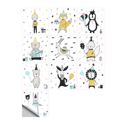 10Pcs Cartoon Animals Words Wall Stickers Water Resistant Wallpaper Removable Decal for Kitchen Bathroom -Yellow