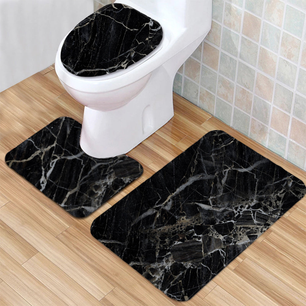 3Pcs Washable Bathroom Mat Set Anti Slip Toilet Seat Cover Pedestal Rug Bath Carpet-Black