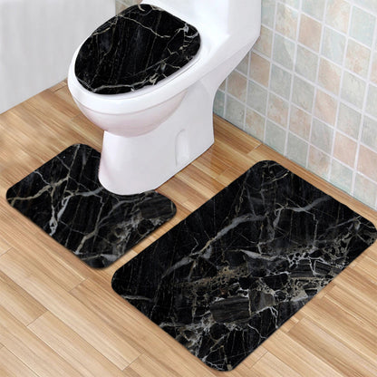 3Pcs Washable Bathroom Mat Set Anti Slip Toilet Seat Cover Pedestal Rug Bath Carpet-Black