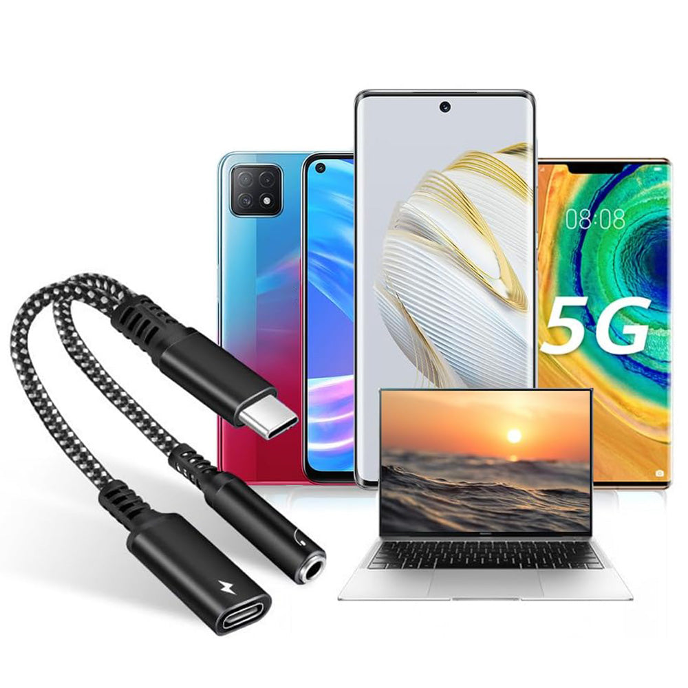 2-in-1 Type-C Audio and Charging Adapter for USB-C Devices with 30W Fast Charge Black