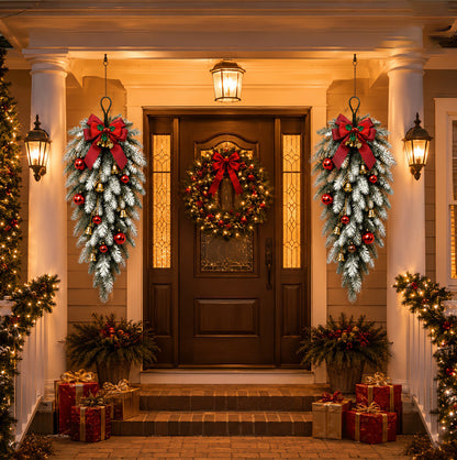 2 Pieces 60cm Christmas Teardrop Wreath with Pine Needles Bells
