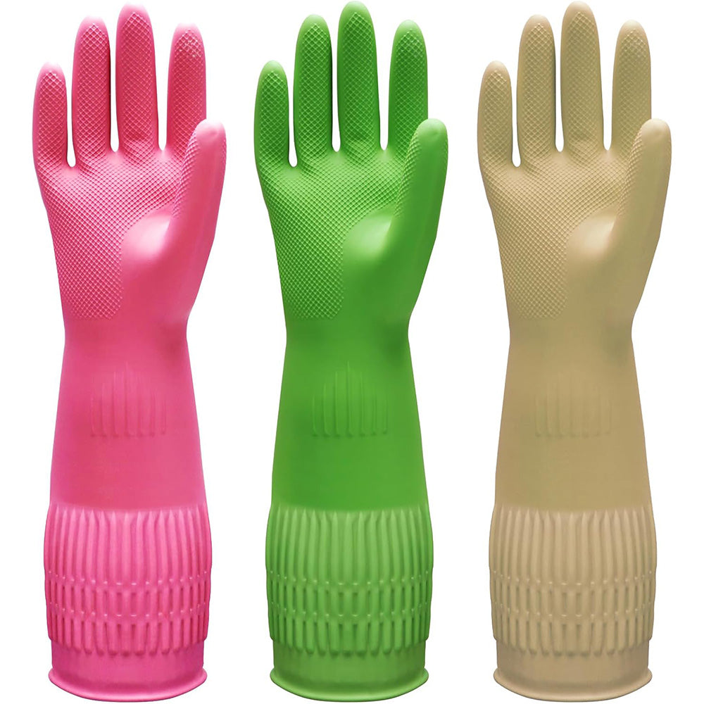 38cm Extra Long Rubber Gloves 3 Pack Heavy Duty Cleaning Gloves for Dishwashing