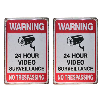 2Pcs Warning Sign 24 Hour Video Surveillance Sign for Home Business CCTV Security Camera