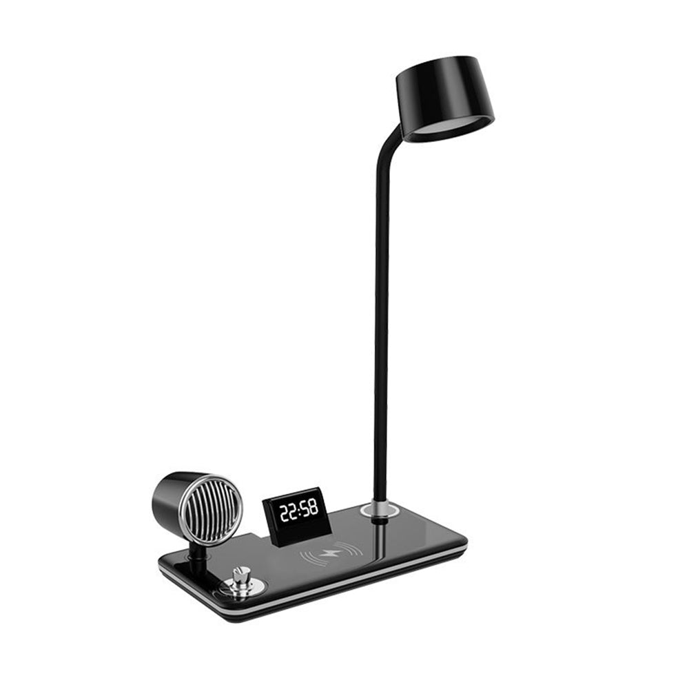 4 in 1 LED Desk Lamp with Wireless Charger Bluetooth Speaker and Alarm Clock-Black