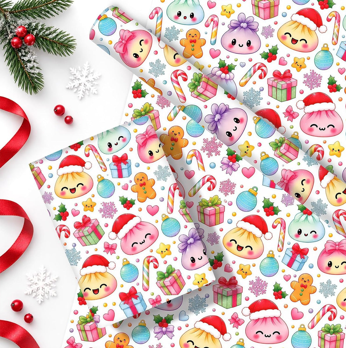 Christmas Cartoon Dumpling Gift Wrapping Paper Roll for Crafts