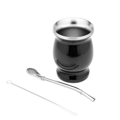 8oz 304 Stainless Steel Yerba Mate Cup Double Wall with Straw Spoon-Black