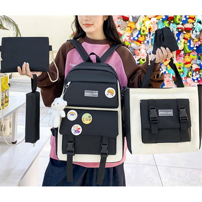 5Pcs Backpack Set for Girls with Tote Bag for Primary Elementary High School-Black