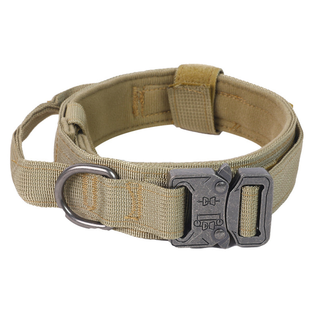 Adjustable Dog Collar with Handle Tactical Nylon Pet Collar for Medium Large Dogs-Khaki