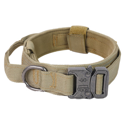 Adjustable Dog Collar with Handle Tactical Nylon Pet Collar for Medium Large Dogs-Khaki
