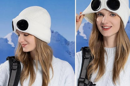 Winter Ski Hat with Goggles Thermal Knit Beanie - White