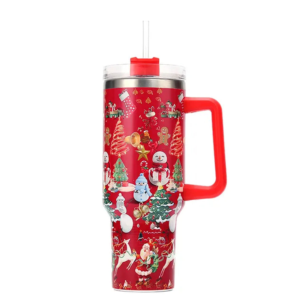40oz Stainless Steel Christmas Pattern Water Bottle Thermal Mug Travel Tumbler Christmas Gifts Red