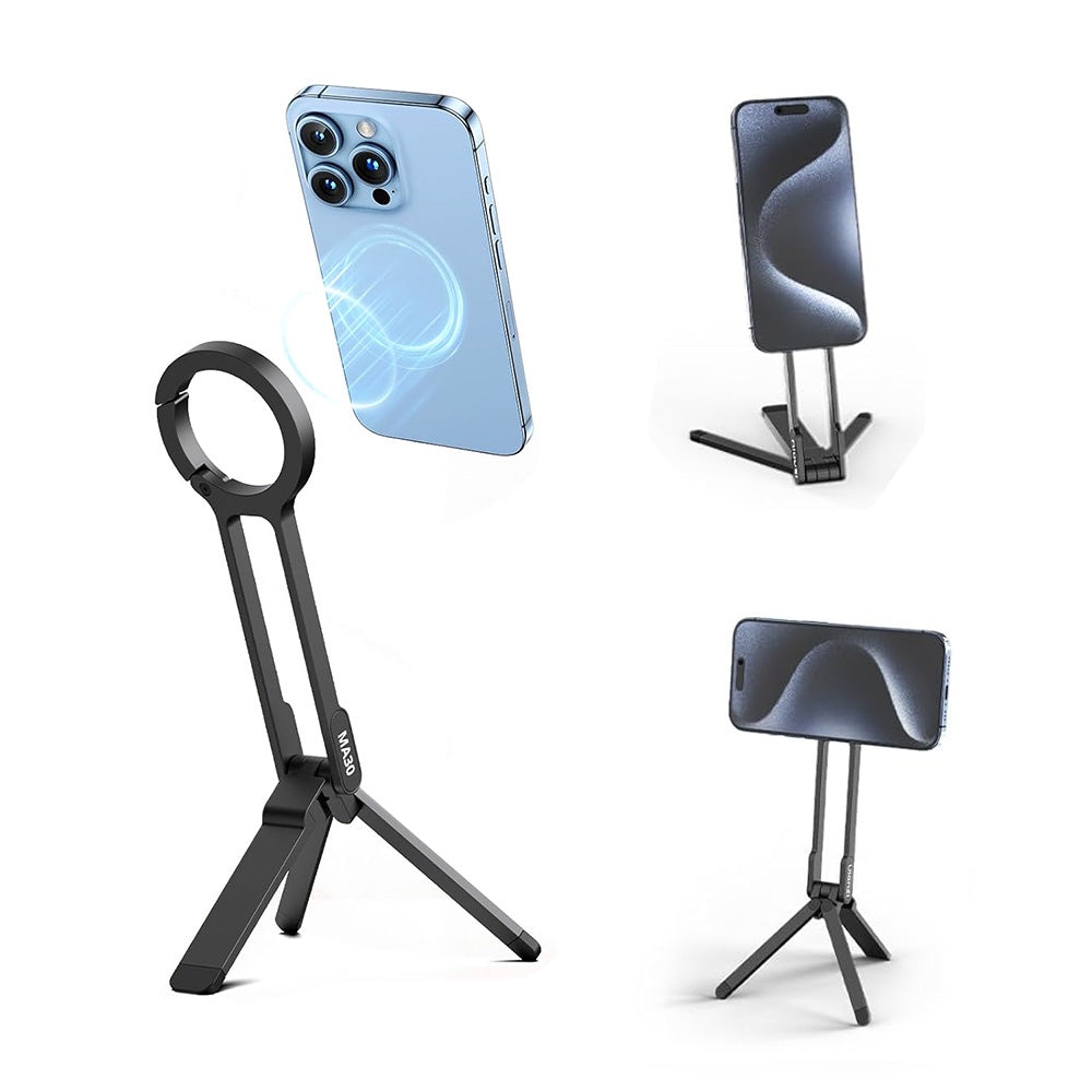 MagSafe Compatible Magnetized Phone Stand ¨C Spring Clip with Foldable Mini Tripod