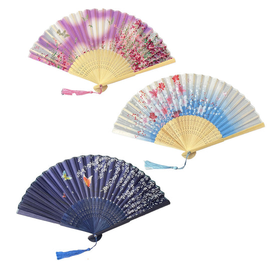 3Pcs Folding Hand Fan Retro Bamboo Hand Fan for Wedding Dancing Party Style 2
