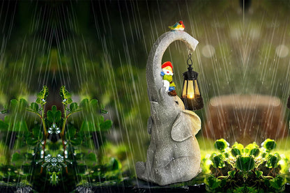 Solar Lights Garden Elephant Statue Outdoor Decor with Garden Gnome and Solar Lantern Outside Patio