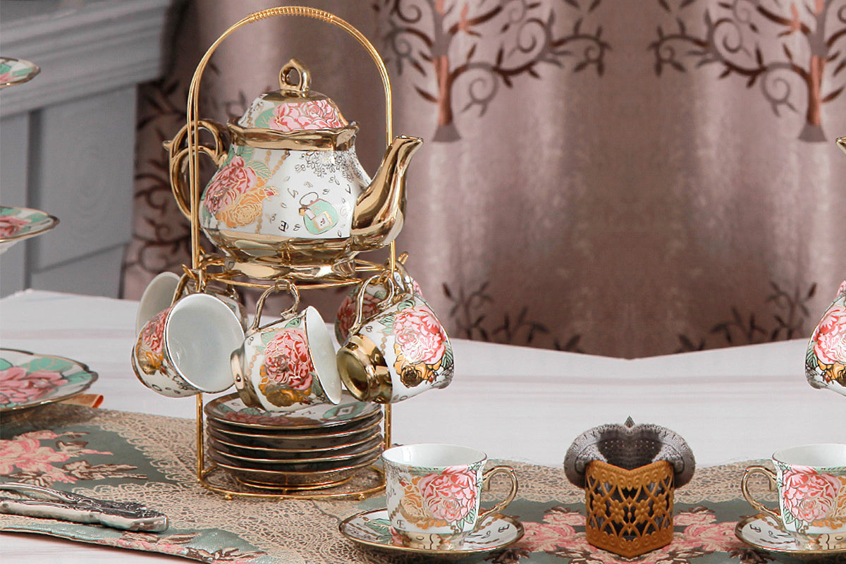 20Pcs Ceramic Tea Sets for Tea Party Porcelain Tea Set With Metal Holder and Teapot