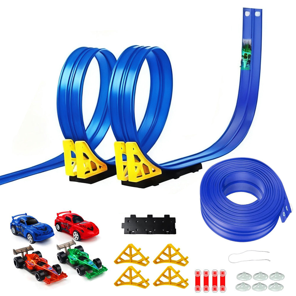 4M Flexible Race Track Toy DIY Bendable Ramp with Suction Cups Roll-Up Car Track Set Blue