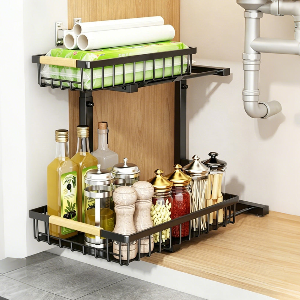 Under Sink Organizer 2 Tier Pull Out Cabinet Storage Slide Out Shelf Metal Sliding Drawer-Black