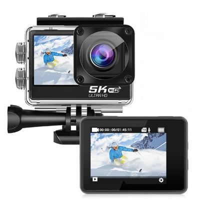 5K 30FPS Action Camera with Waterproof Case Dual Screens and EIS Stabilization