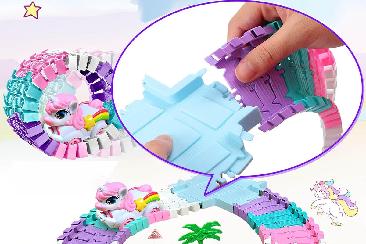 194PCS Race Track Toys Unicorn and Shark Flexible Race Track for Lovely Ages 4-8