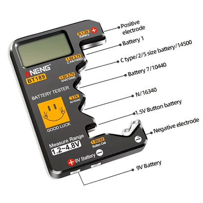 Multi Size Compatible Battery Tester LCD Digital Display Battery Checker