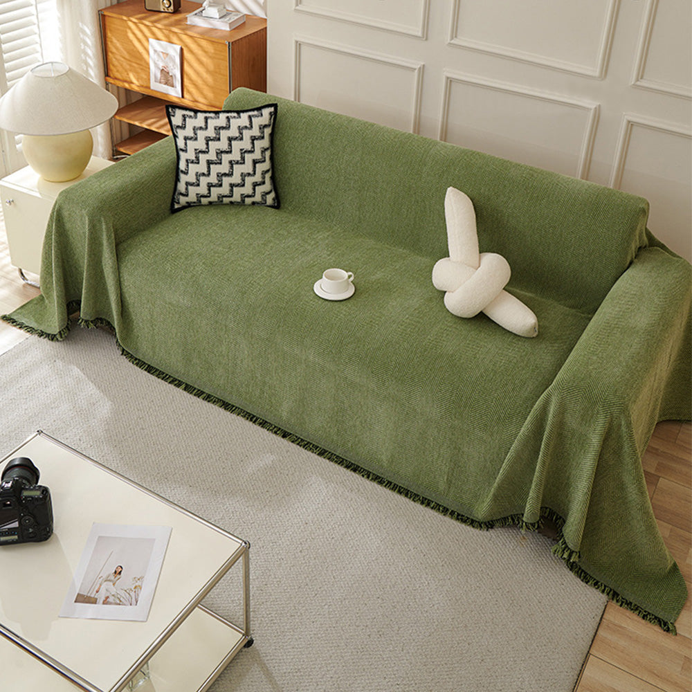 Herringbone Tassel Sofa Throw Cover Large Blanket for Couch Furniture Protector-Green