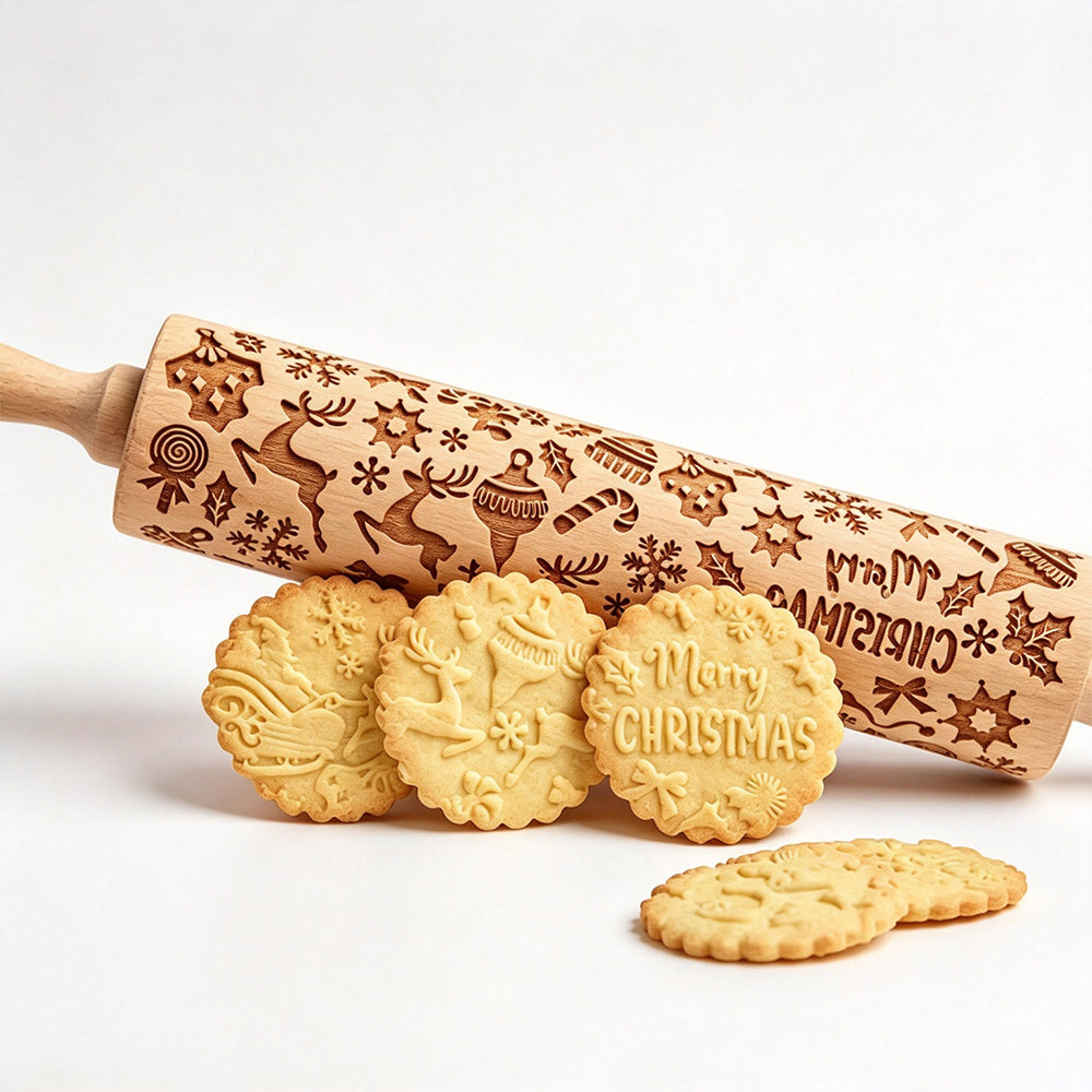 Christmas Engraved Rolling Pin Engineered Wood Cookie Rolling Pin - Elk