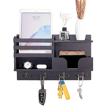 Multi-Purpose Key and Mail Holder Wall Mount Mail Organizer with 4 Hooks Black
