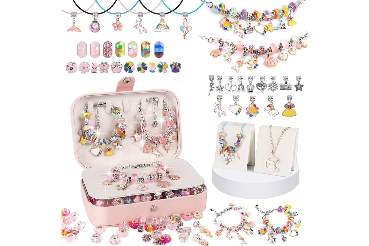 133Pcs Charm Bracelet Making Kit for Girls with Jewelry Box DIY Beaded Jewelry Making Kit Christmas Gift-Rainbow and Pink