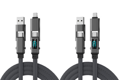 2Pcs 4 in 1 100W Multi Fast Charging Cable 1.5m Flat Braided USB C Cable with LED Display for iPhone Sam Sung MacBook Airpods Android Phone