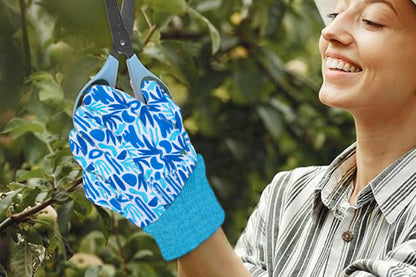 Polyester Floral Gardening Gloves Soft Breathable Yard Work Glove-Blue